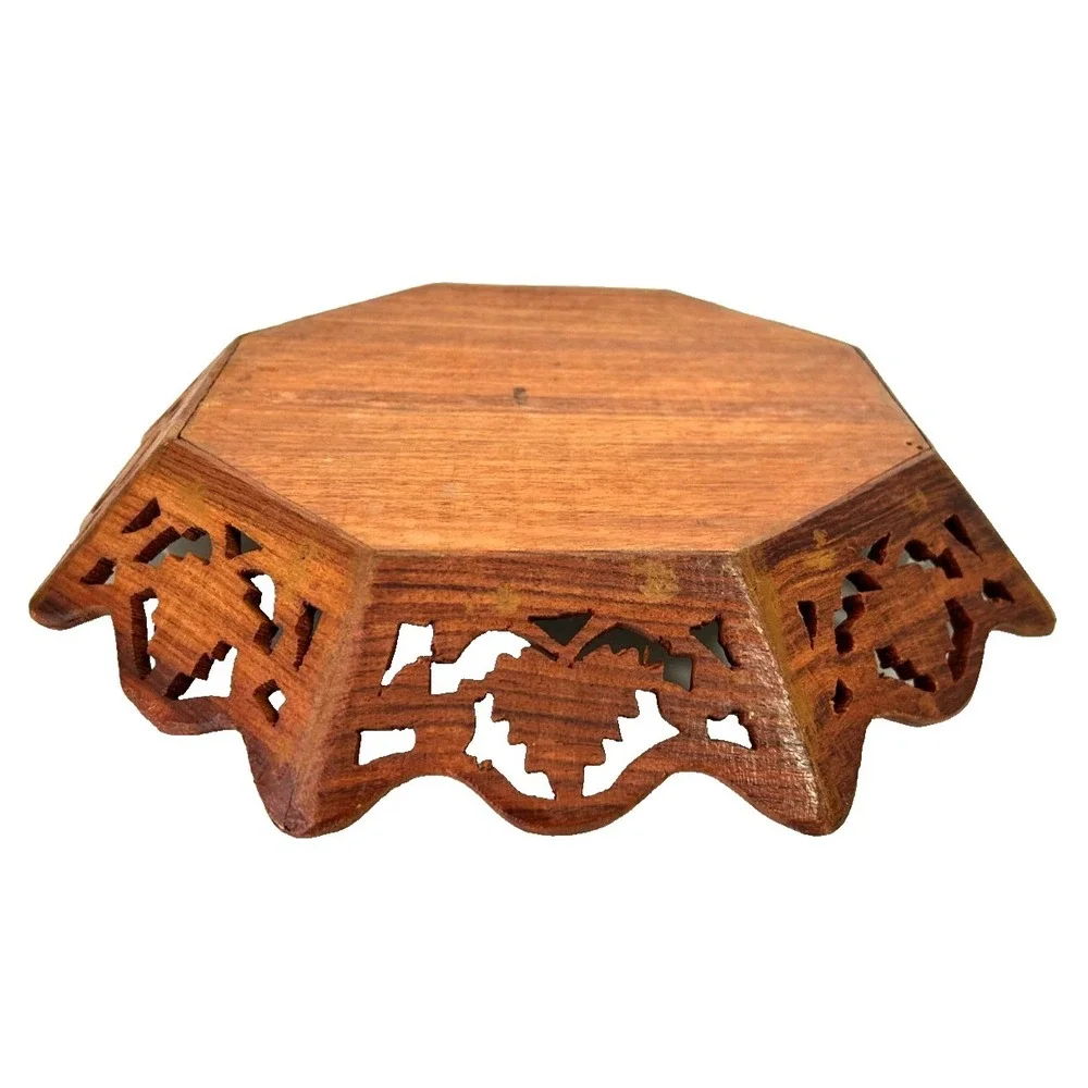 VTG Boho Floral India Folk Art Hand Carved Wood Tray Wall Hanging Octagonal  12